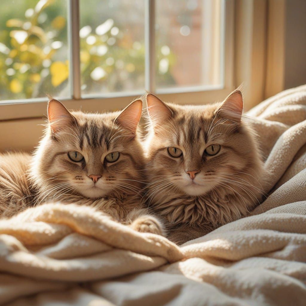 Whimsical Watercolor Cats Bask in Golden Sunlight