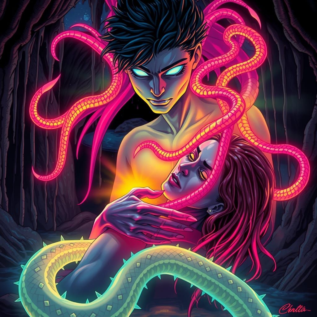 Bioluminescent Creature Embraces Medusa in Dreamlike Cave