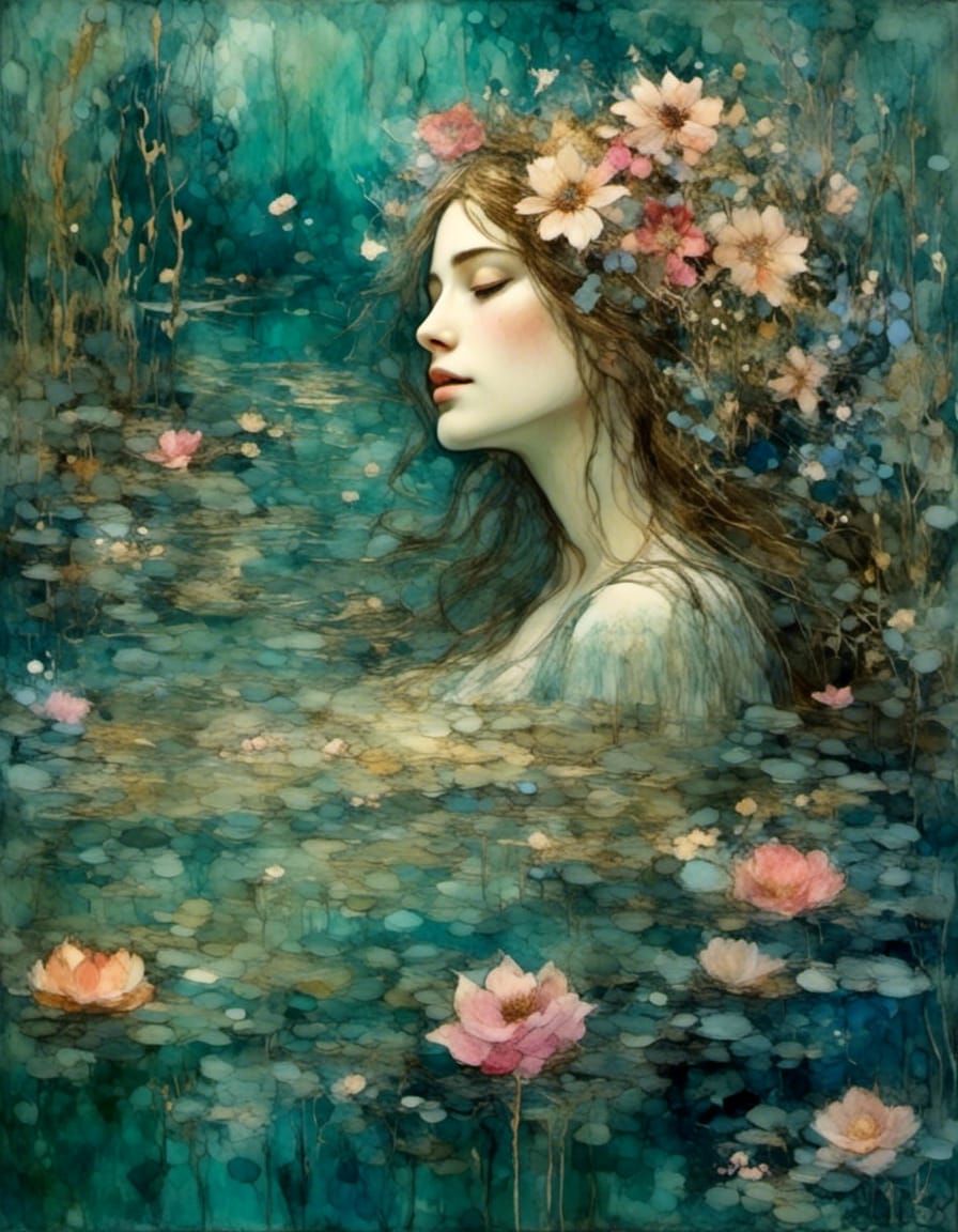 Ophelia Drowning in Gouache Style