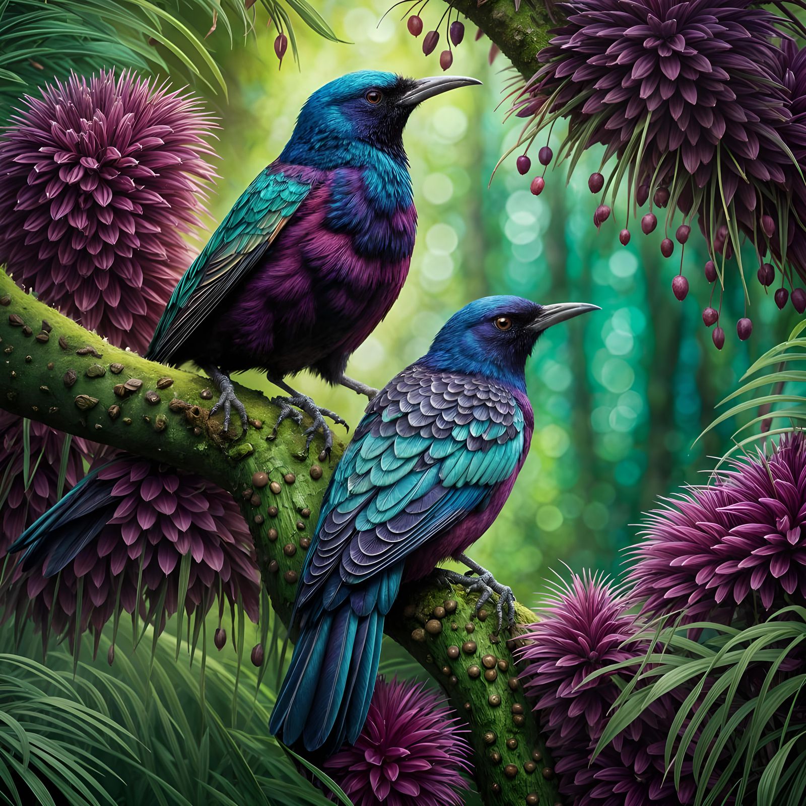 Colorful Starling Perched on Arm in Airbrushed Forest