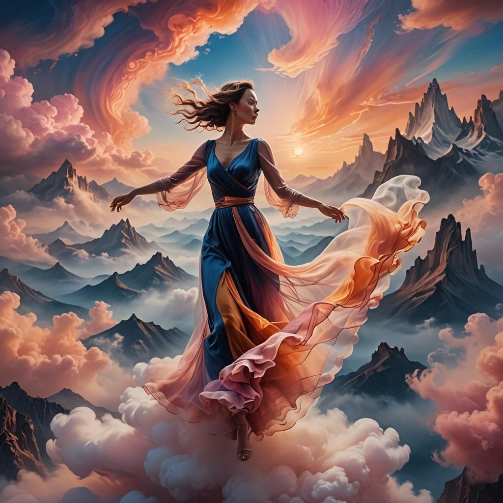 Woman Dancing on Clouds in Surreal Landscape