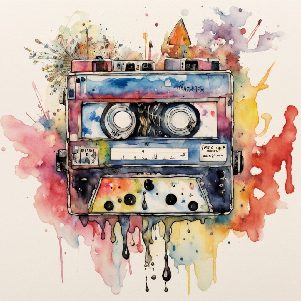 Chibi Cassette With Ink Droplets in Watercolor Style