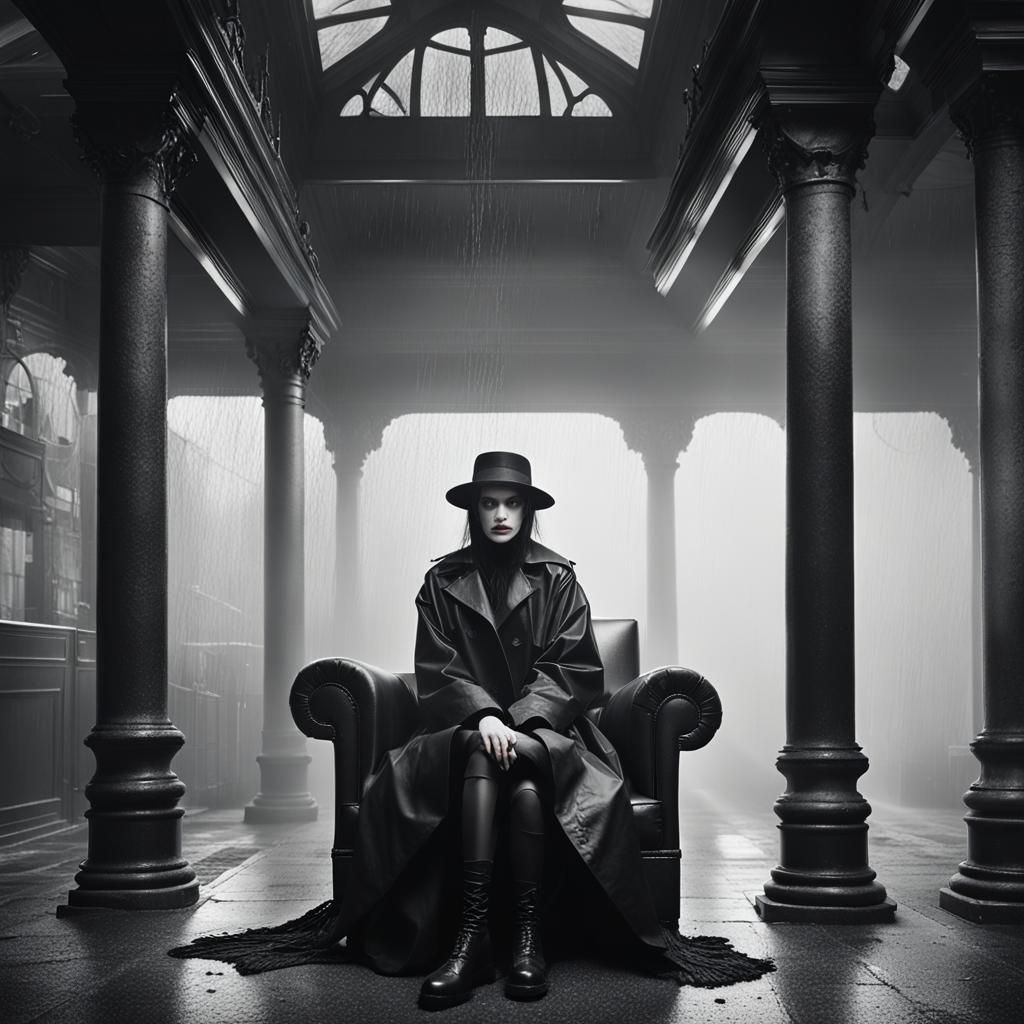 Goth Model in Coffee Shop: Black and White Photography