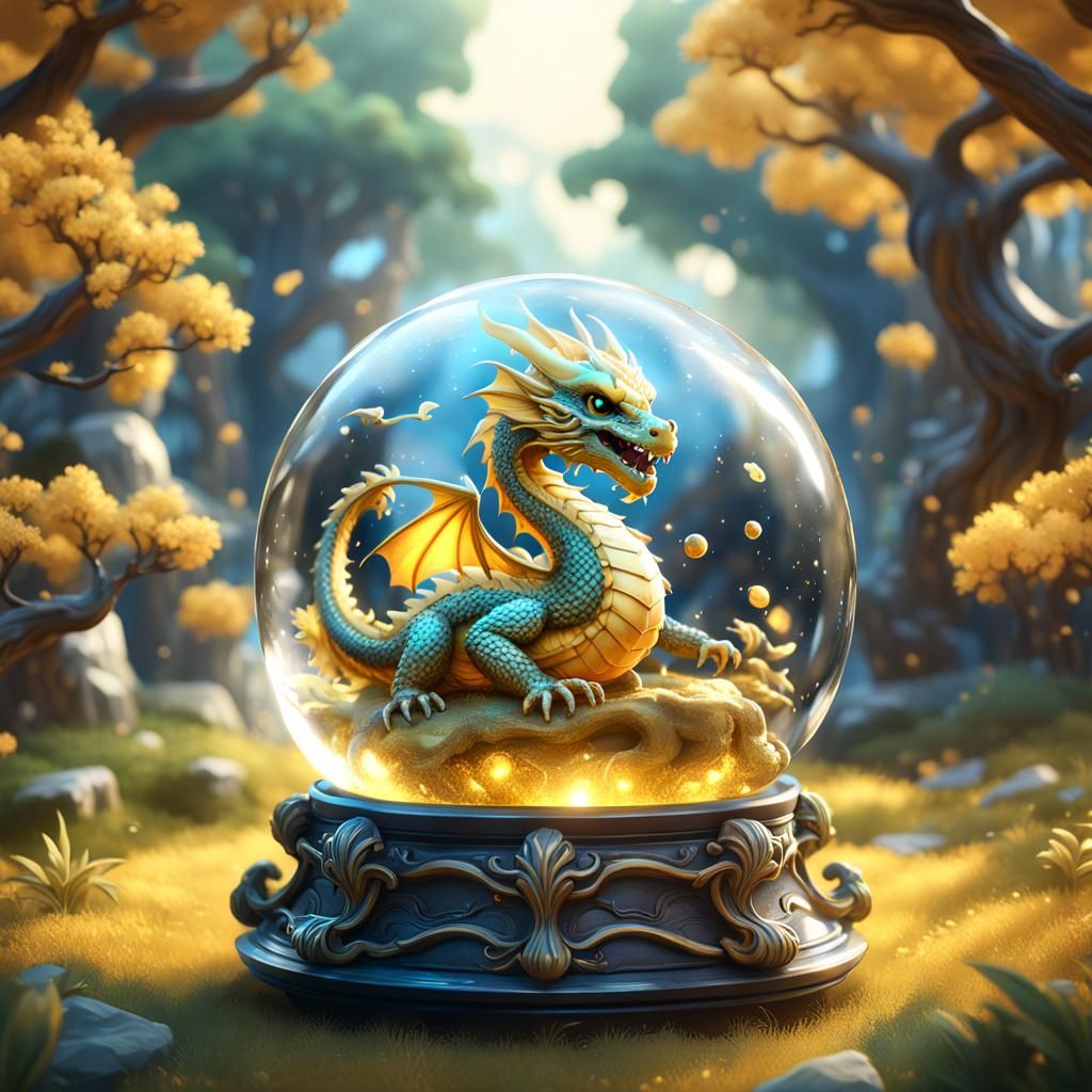 Golden Chibi Dragon in Crystal Ball: Detailed Art