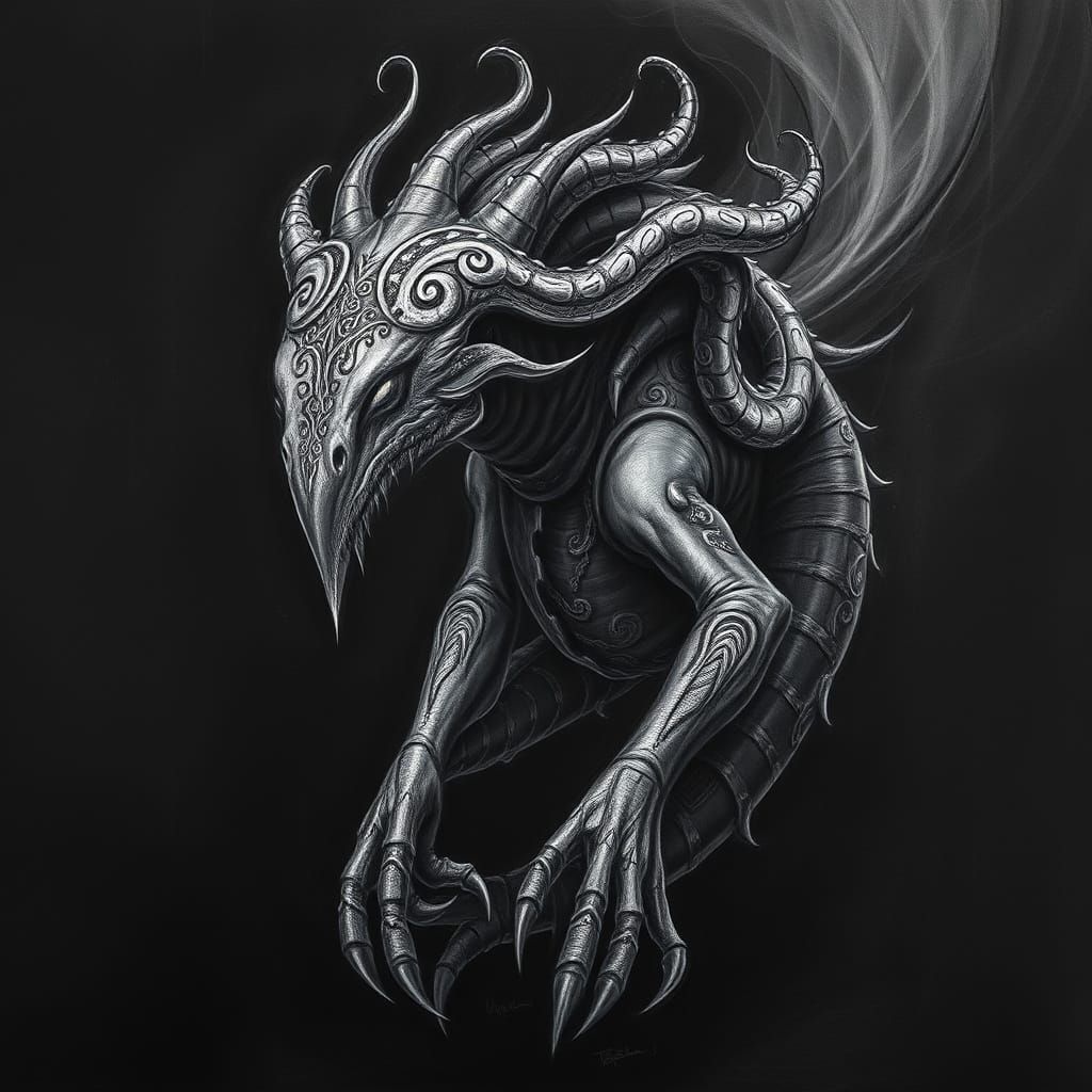 Mystical Creature Charcoal Drawing with Glowing Eyes