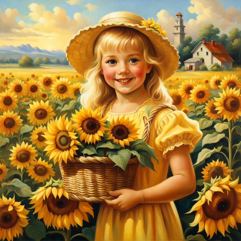 Girl with Sunflowers in Vintage Painting Style