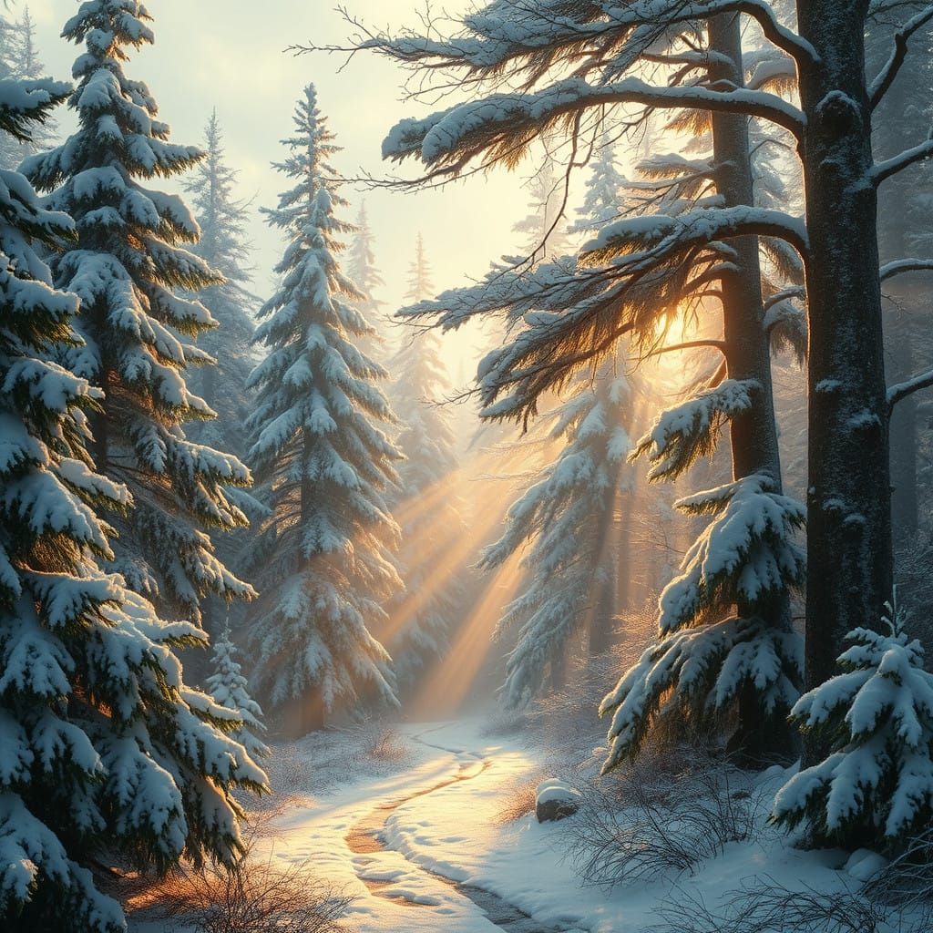 Idyllic Snowy Forest Scene in Whimsical Style