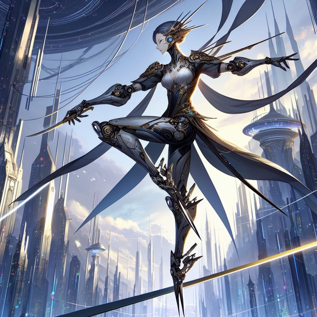 Regal Cyborg Assassin Balances on Highwire in Futuristic Cit...