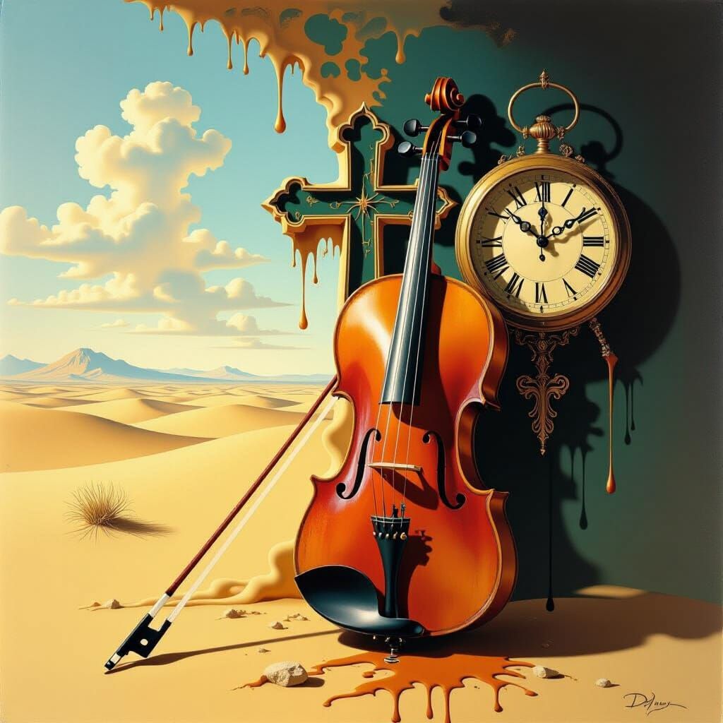 Surreal Desert Scene with Violin and Melting Clock