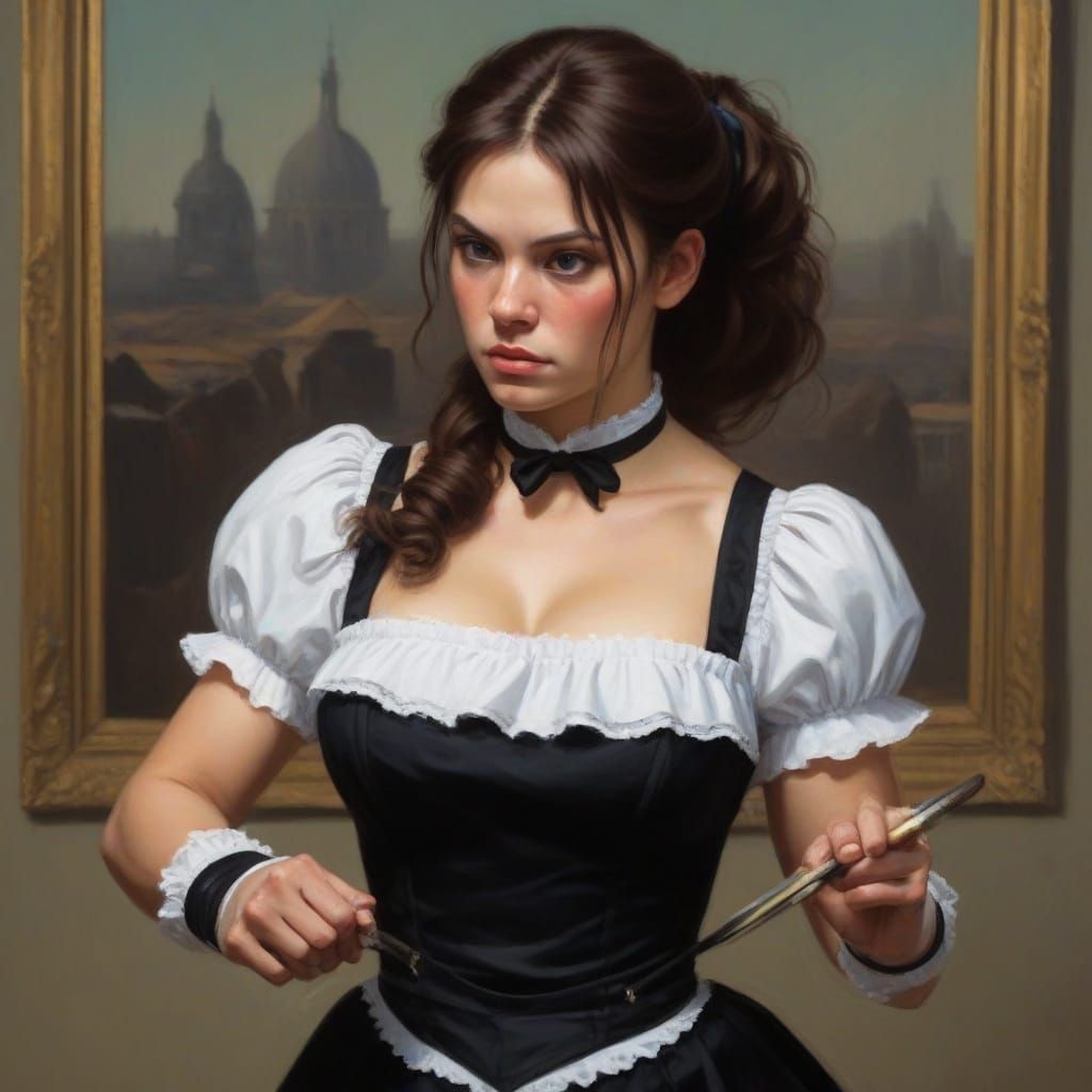 Strong French Maid Prepares for Battle in Oil Painting