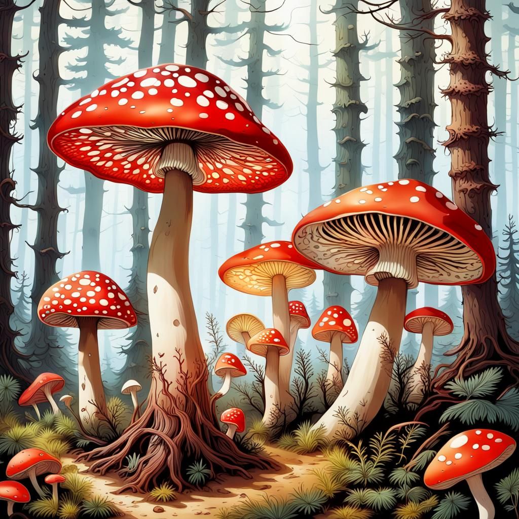 Enchanted Forest Undergrowth with Colorful Mushrooms