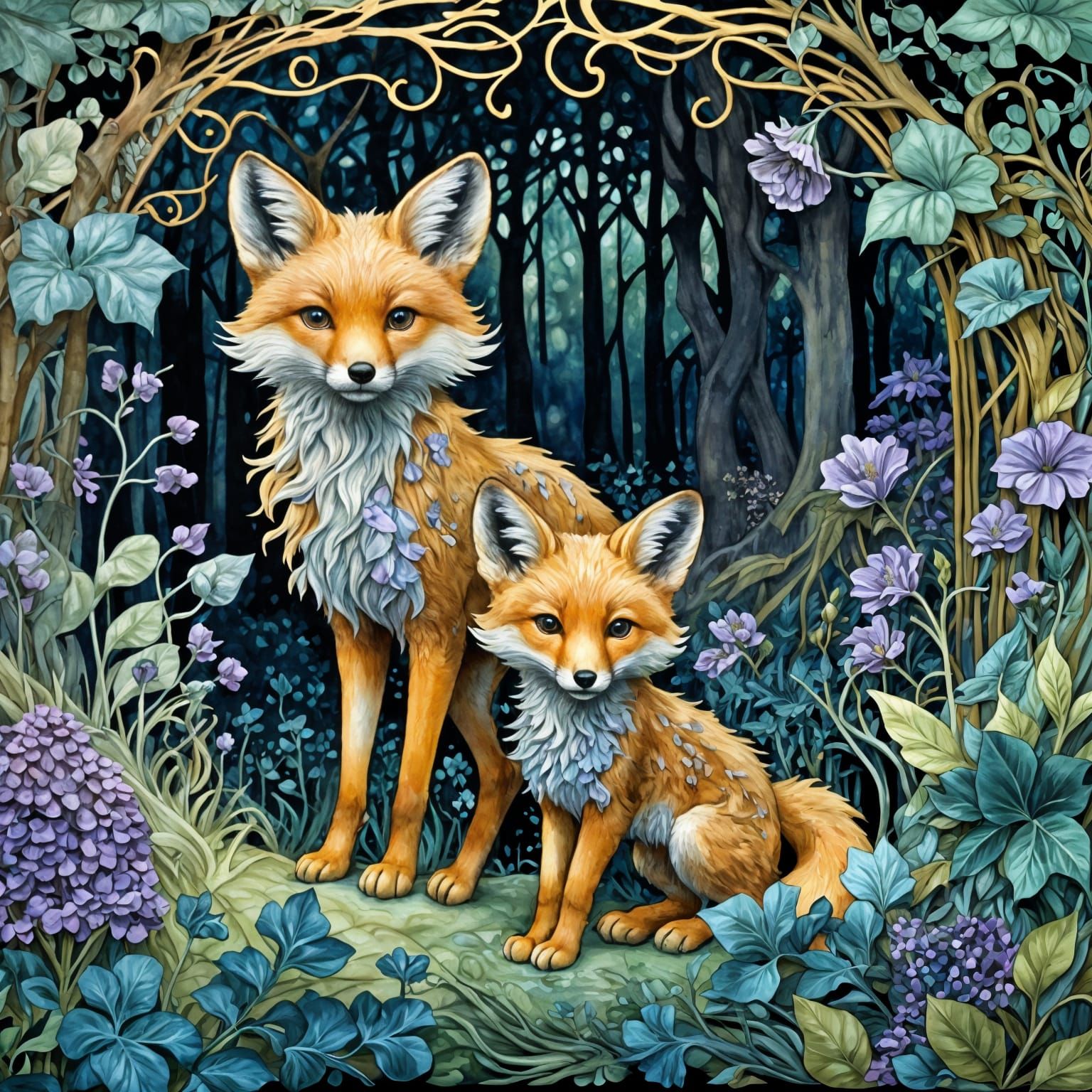 Foxes in Forest, Art Nouveau Watercolor Illustration