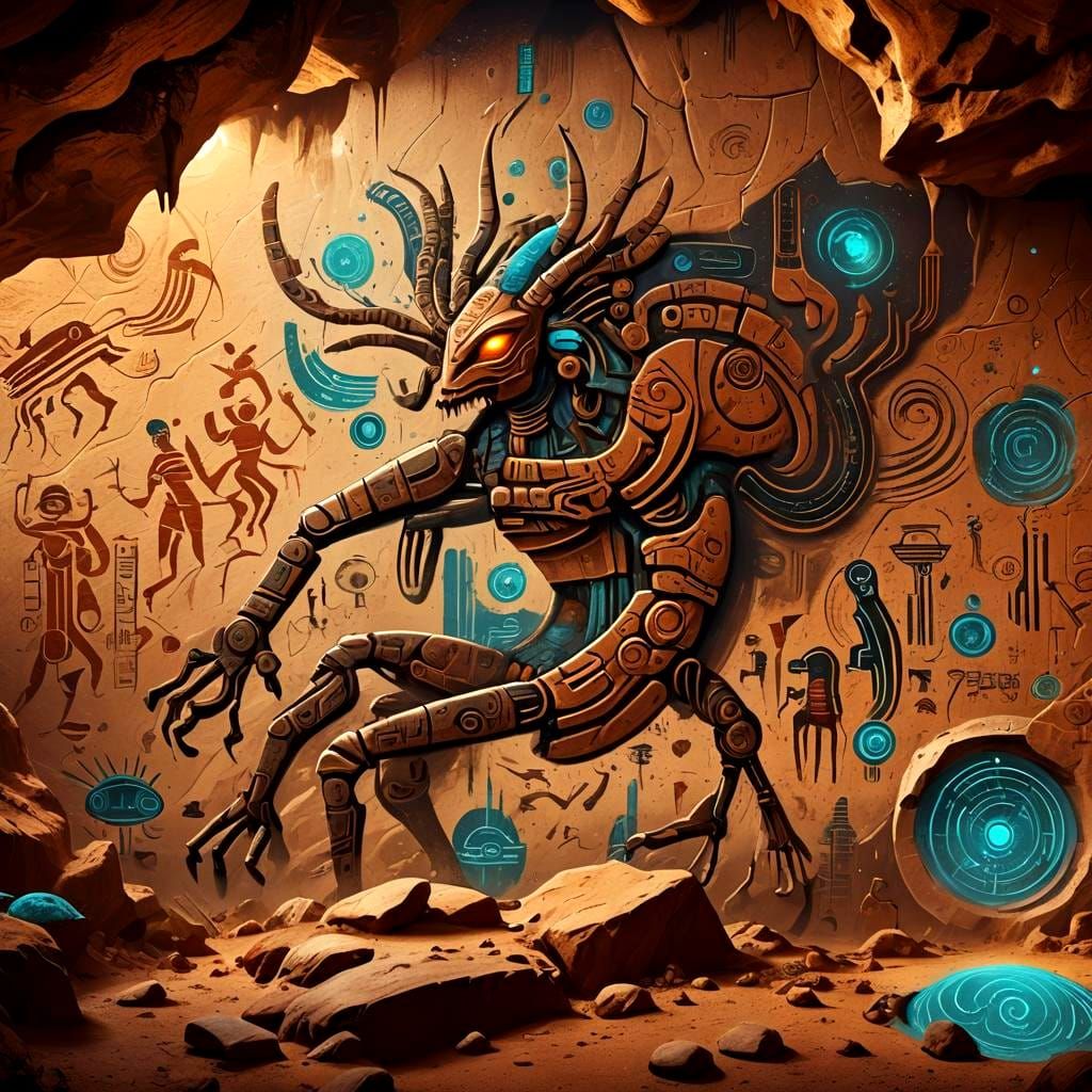 Futuristic Cave Painting of Ancient Aliens in Vivid Colors