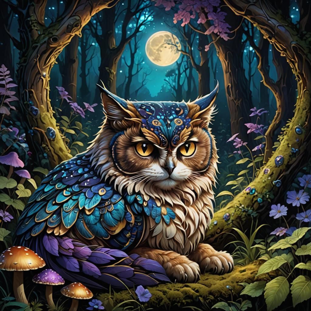 Fantasy Meowl Sleeping in Moonlit Forest