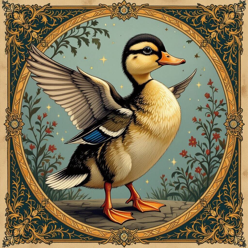 Dancing Duckling on Medieval Banner with Surrealism