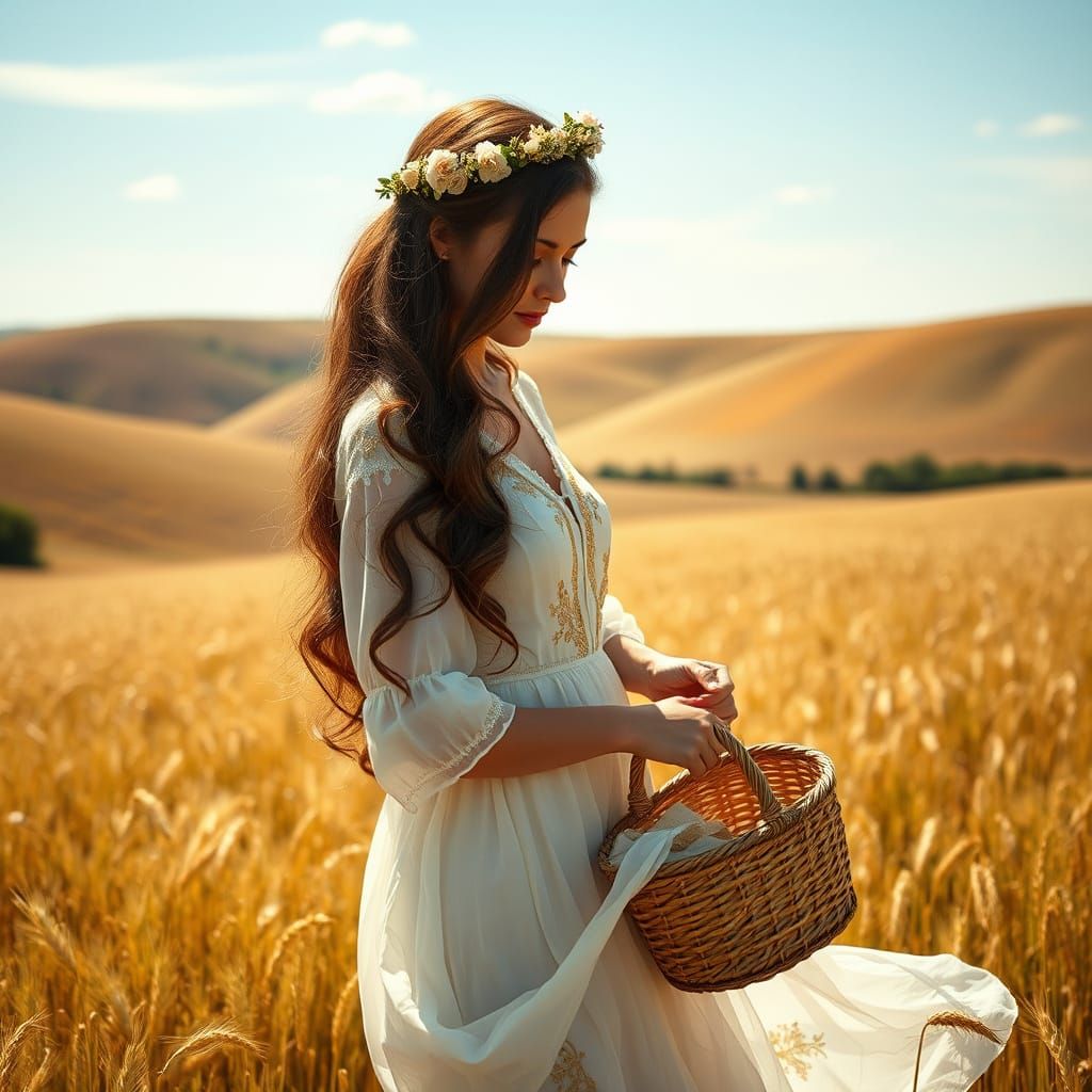 Ethereal Summer Goddess in Golden Wheat Field