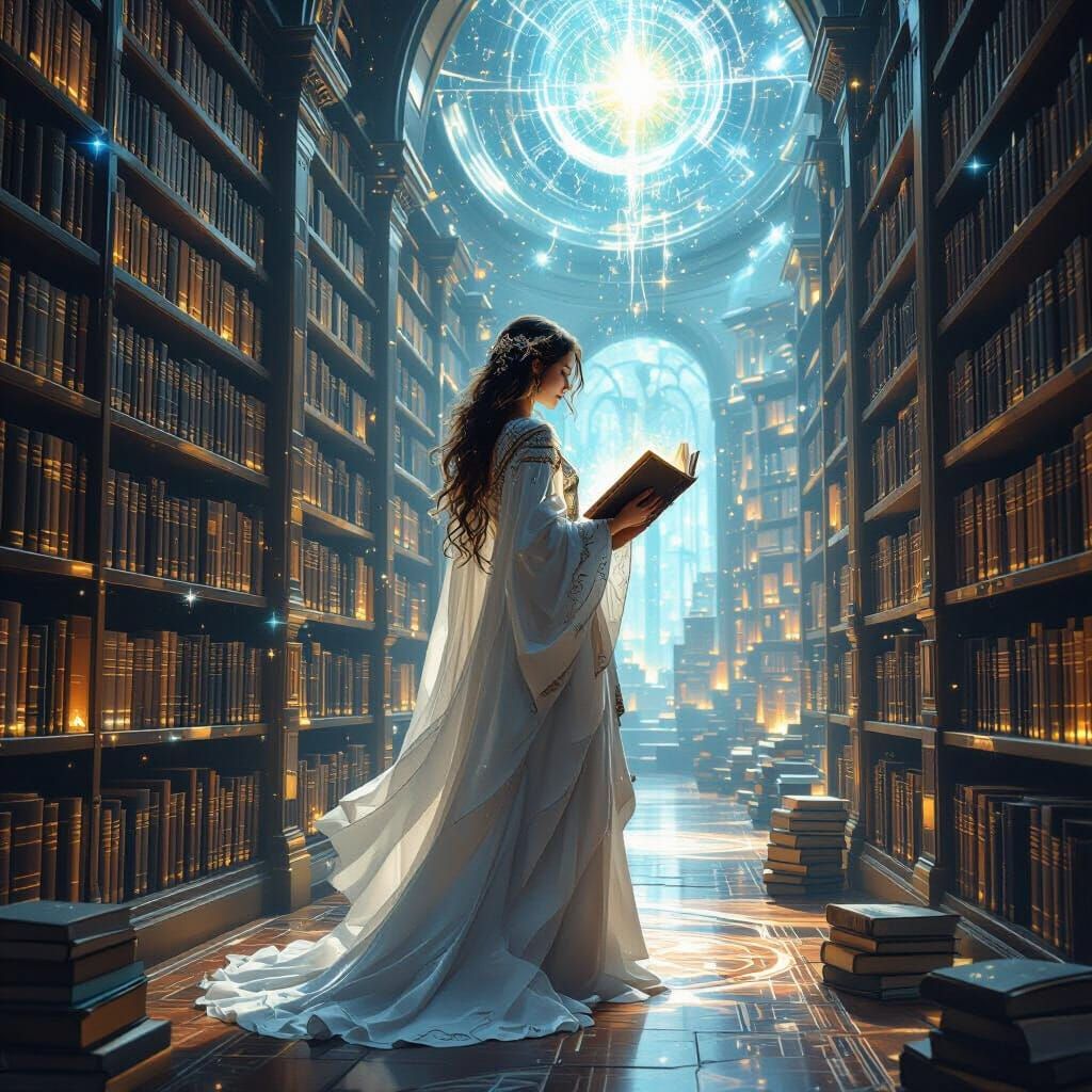 Celestial Librarian in Timeless Library: Hyperrealistic Art