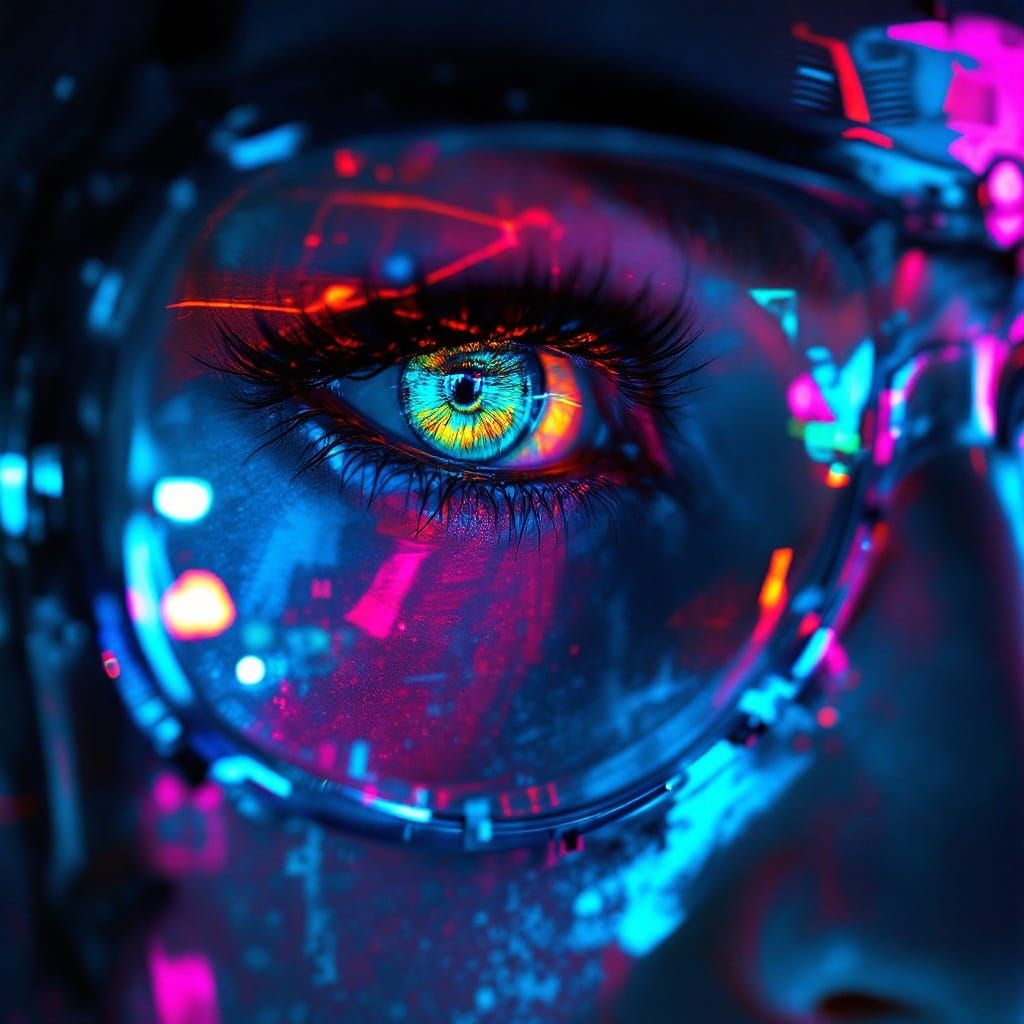 Cyberpunk Warrior's Intense Gaze in Neon-Lit City