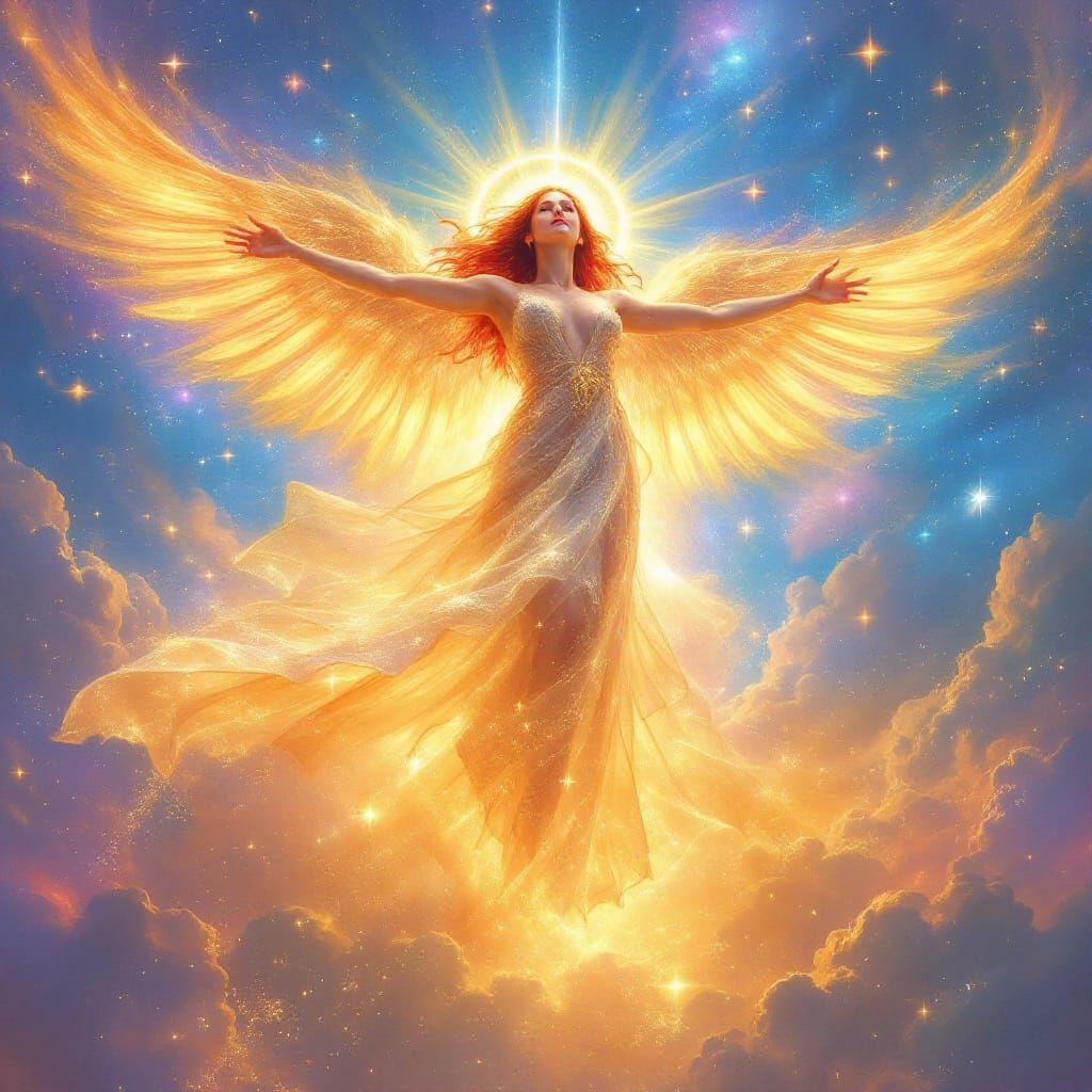 Ethereal Woman Ascends to Heavenly Realm