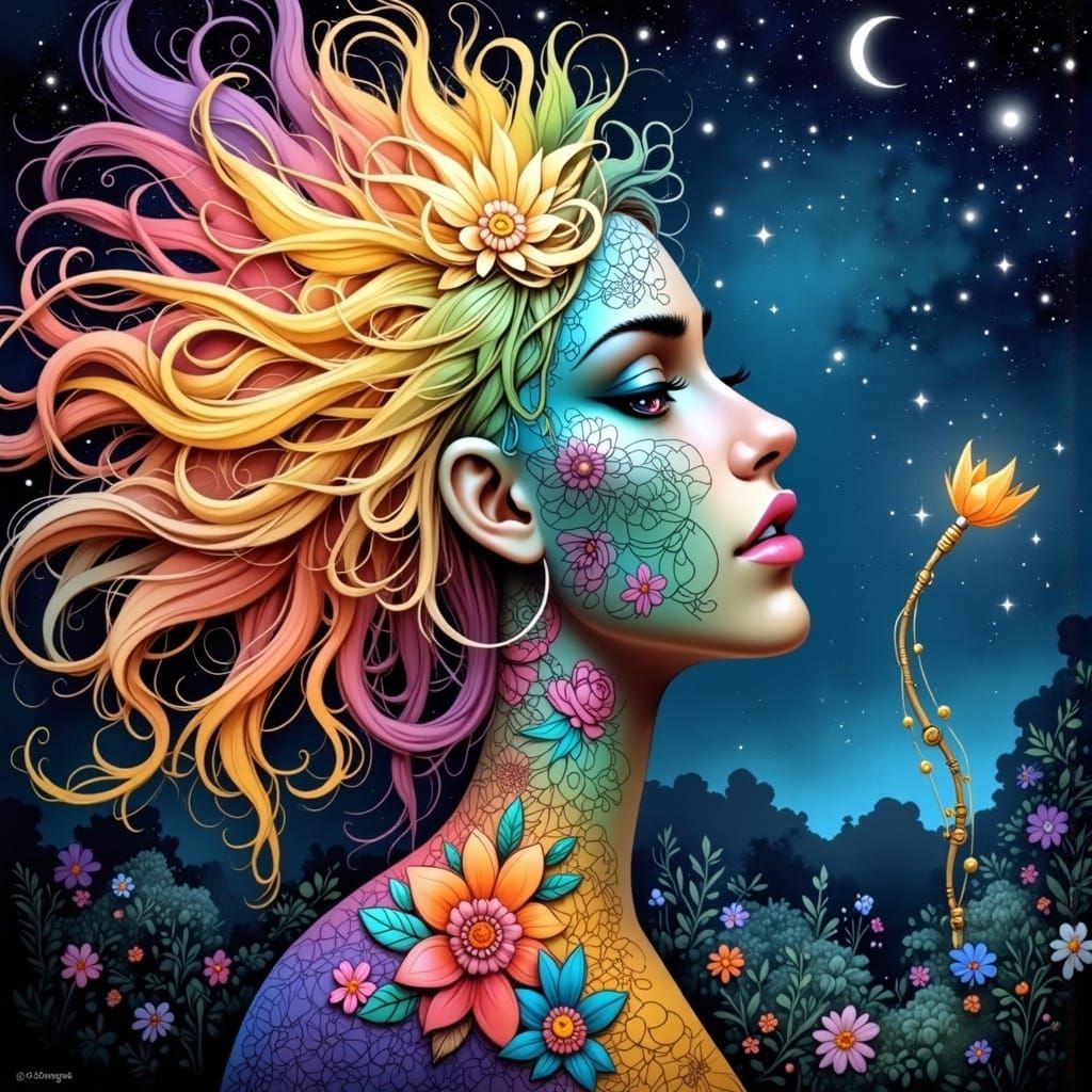 Whimsical Moon Maiden in a Dreamy Groovy Rainbow Scene