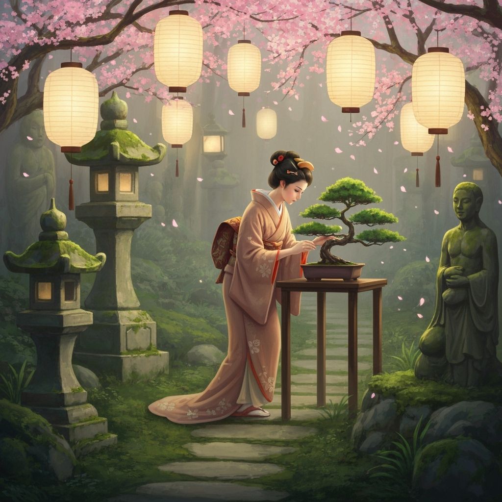 Enchanted Garden: Serene Woman and Bonsai Tree