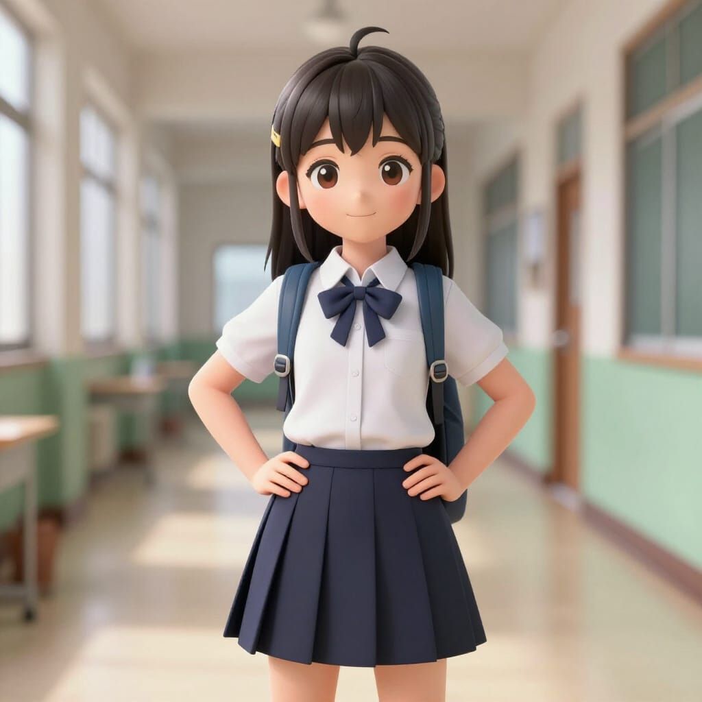 3D Anime Schoolgirl in Cozy Pose