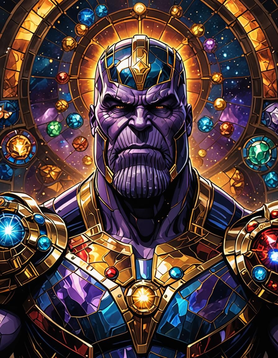 Thanos with Infinity Gauntlet in Stained Glass