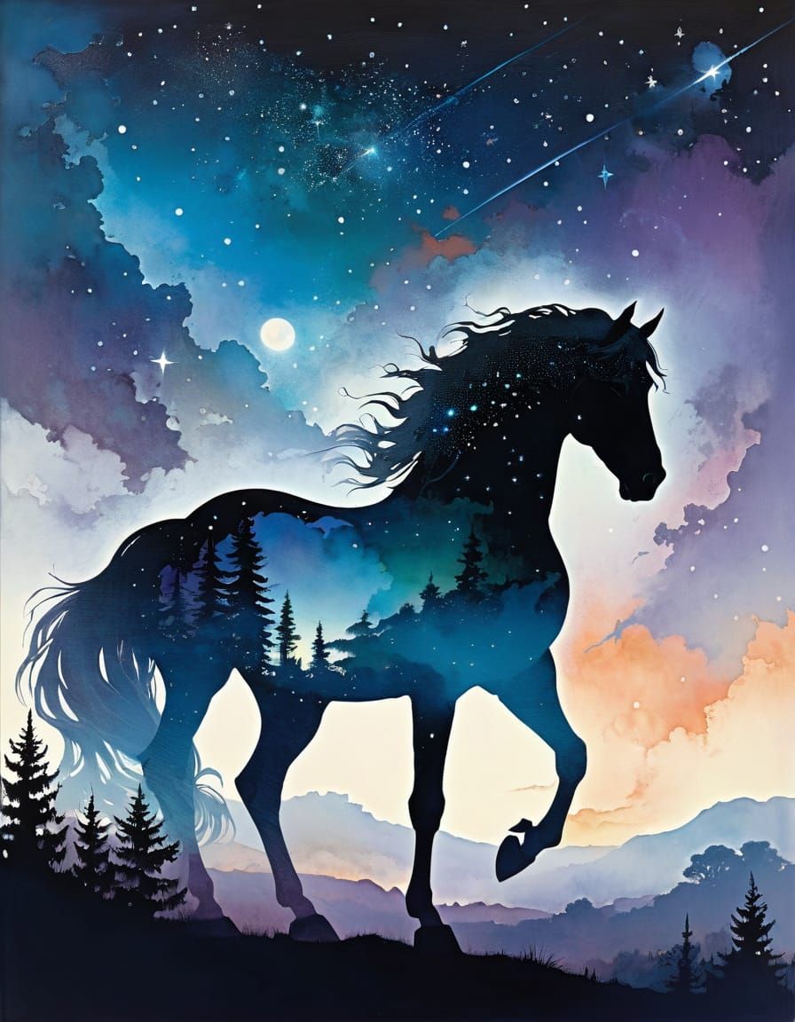 Ethereal Horse Silhouette with Stars and Nebula