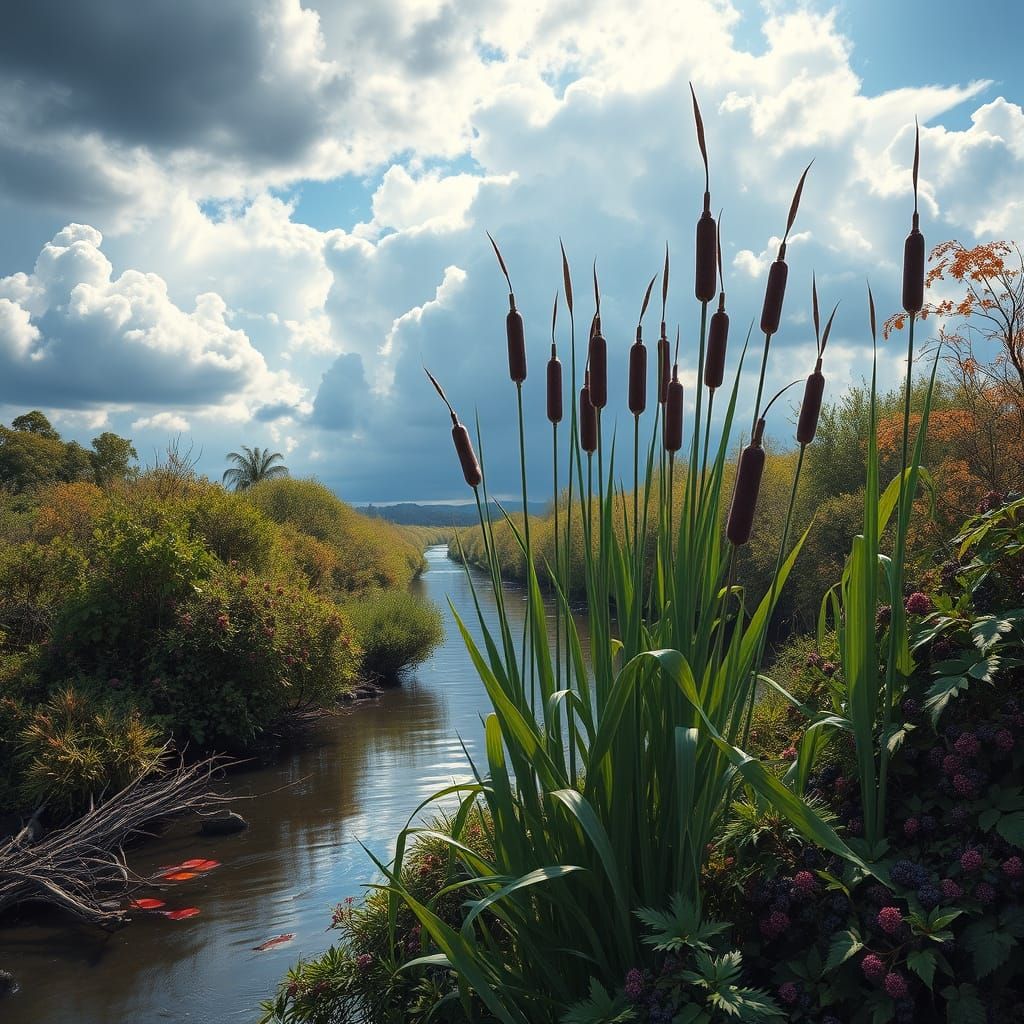 Epic Landscape with Cattails and Blackberry Bushes by a Tran...