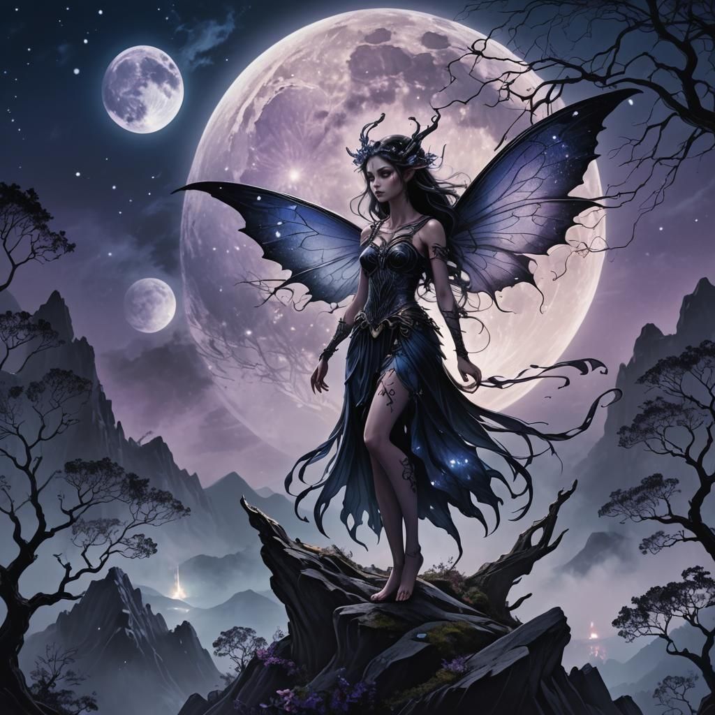 Dark Fairy Silhouette Against Epic Moon