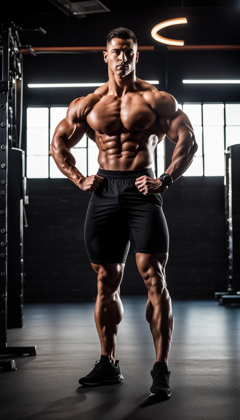 Muscular Man Posing in Gym, Hyperrealistic Style