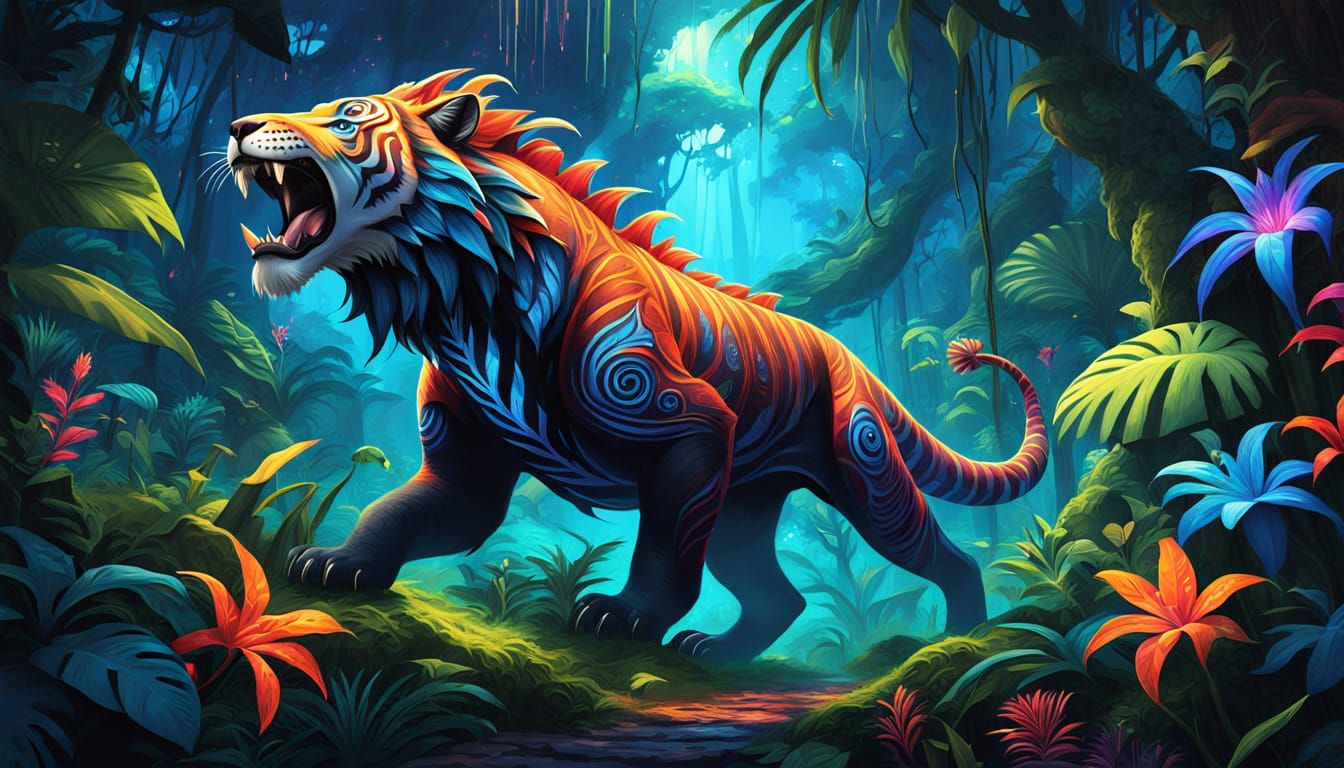 Ferali Beasts in Vibrant Bioluminescent Jungle