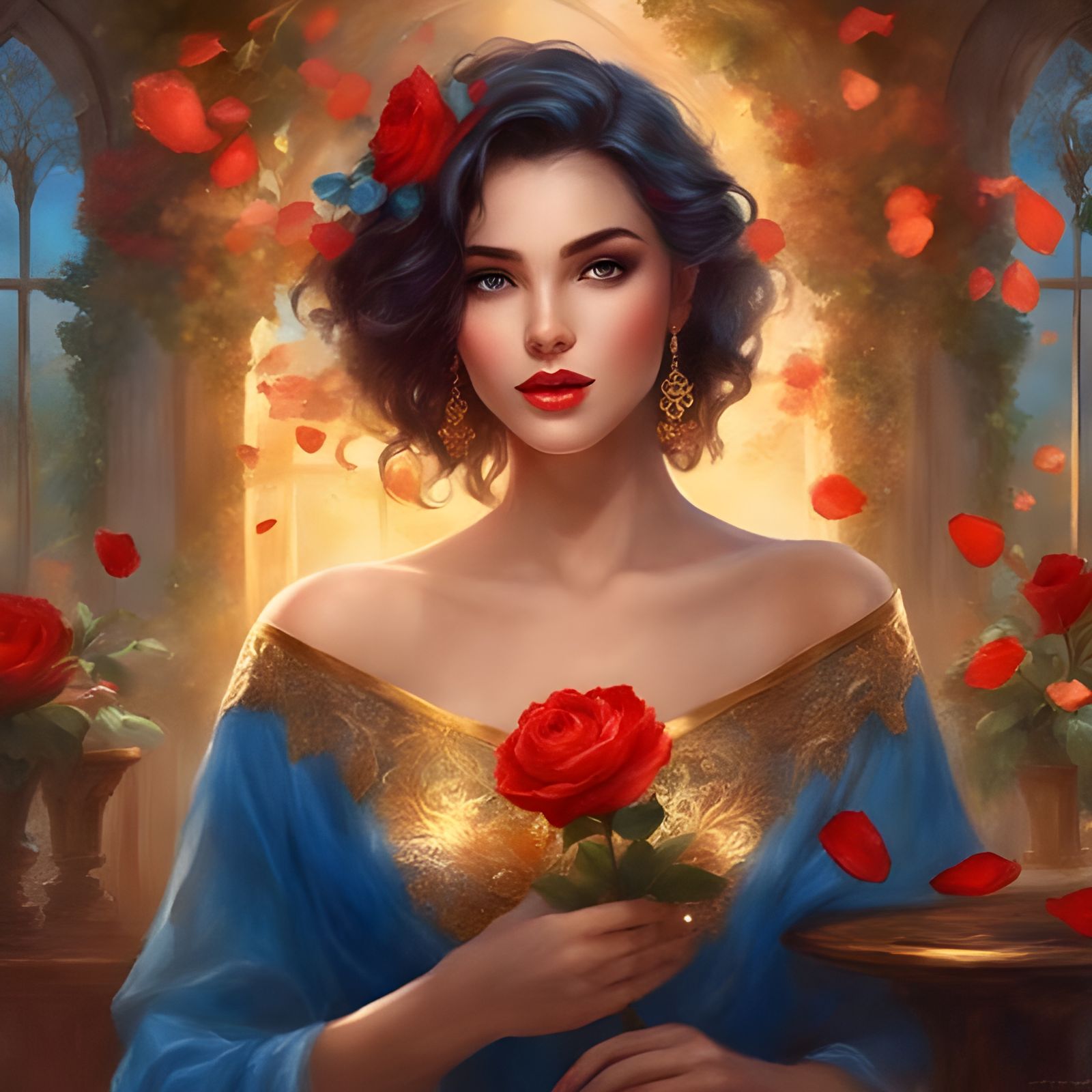 Beautiful Brazilian Woman in Cafe with Roses