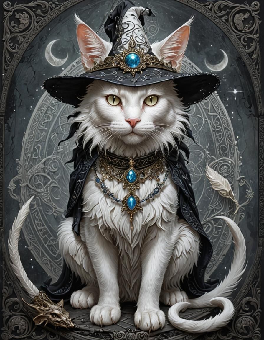 Ethereal White Cat Witch in Dark Fantasy Style
