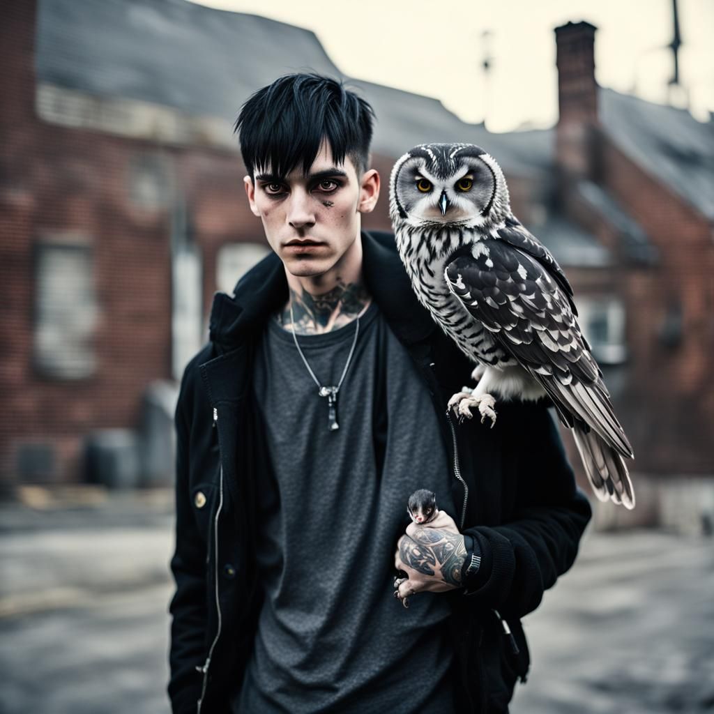 Cursed Goth Man with Owl in NYC: Professional Photography