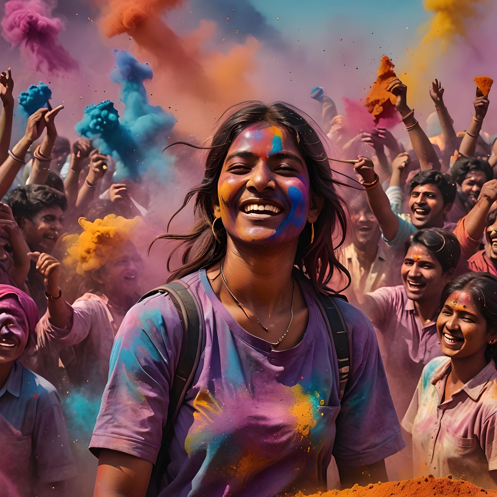 Vibrant Holi Festival with Colourful Dust Clouds
