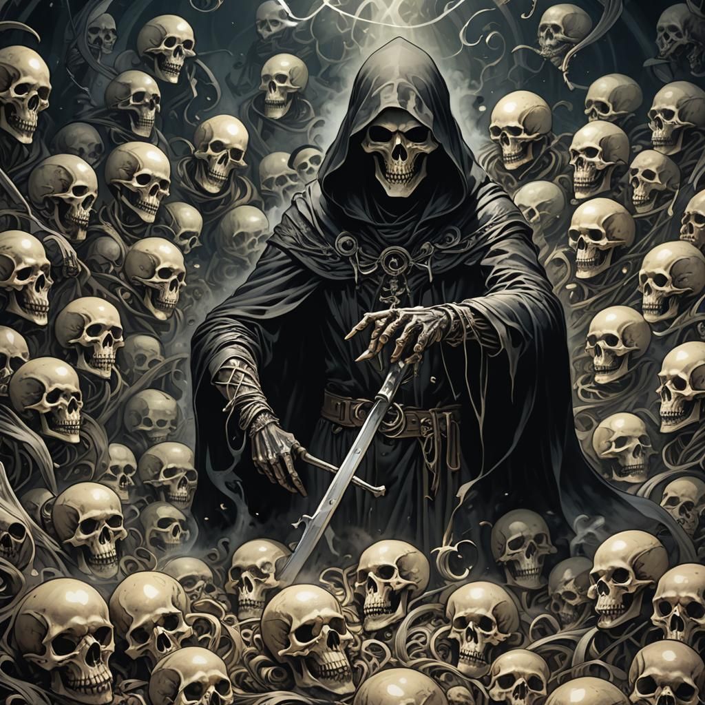Grim Reaper in Steam-Filled Darkness, Dark Fantasy Art
