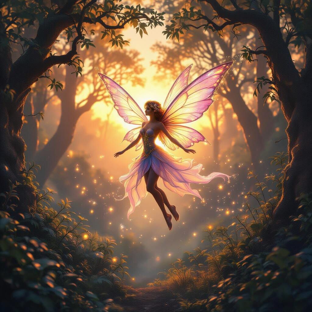 Luminous Fairy Above Enchanted Forest at Sunset