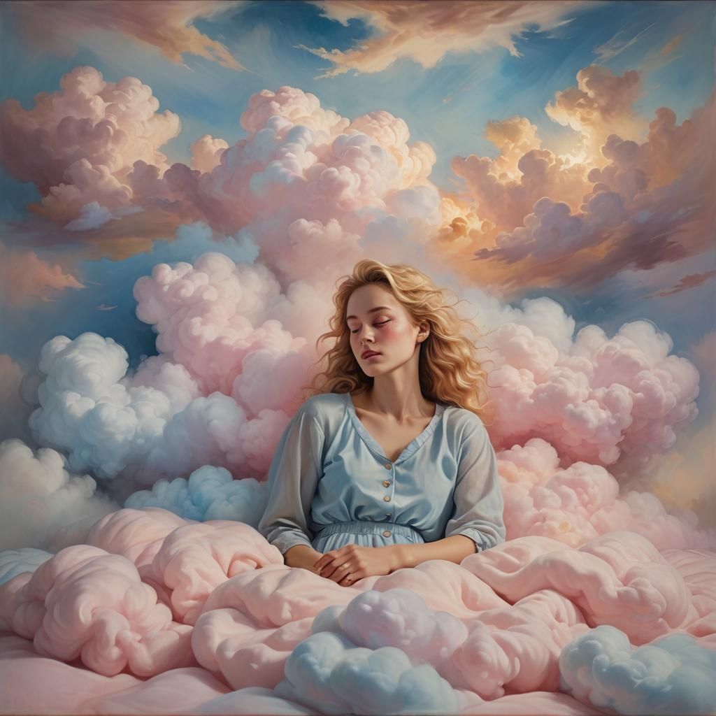Romantic Woman on Clouds in Pastel Hues
