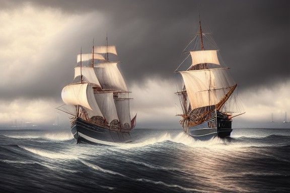 Hyperrealistic Tall Ships in Stormy Waters