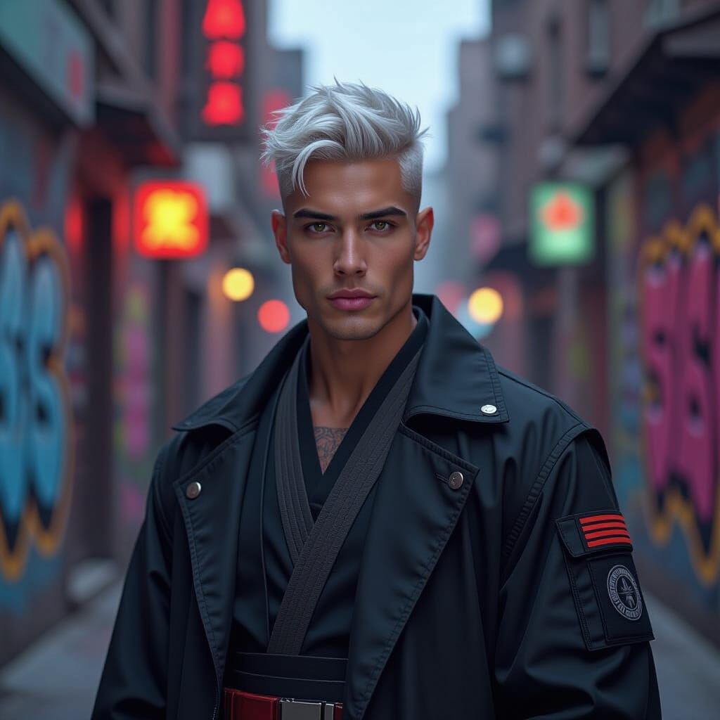 Neo-Noir Martial Artist in Graffiti Alley