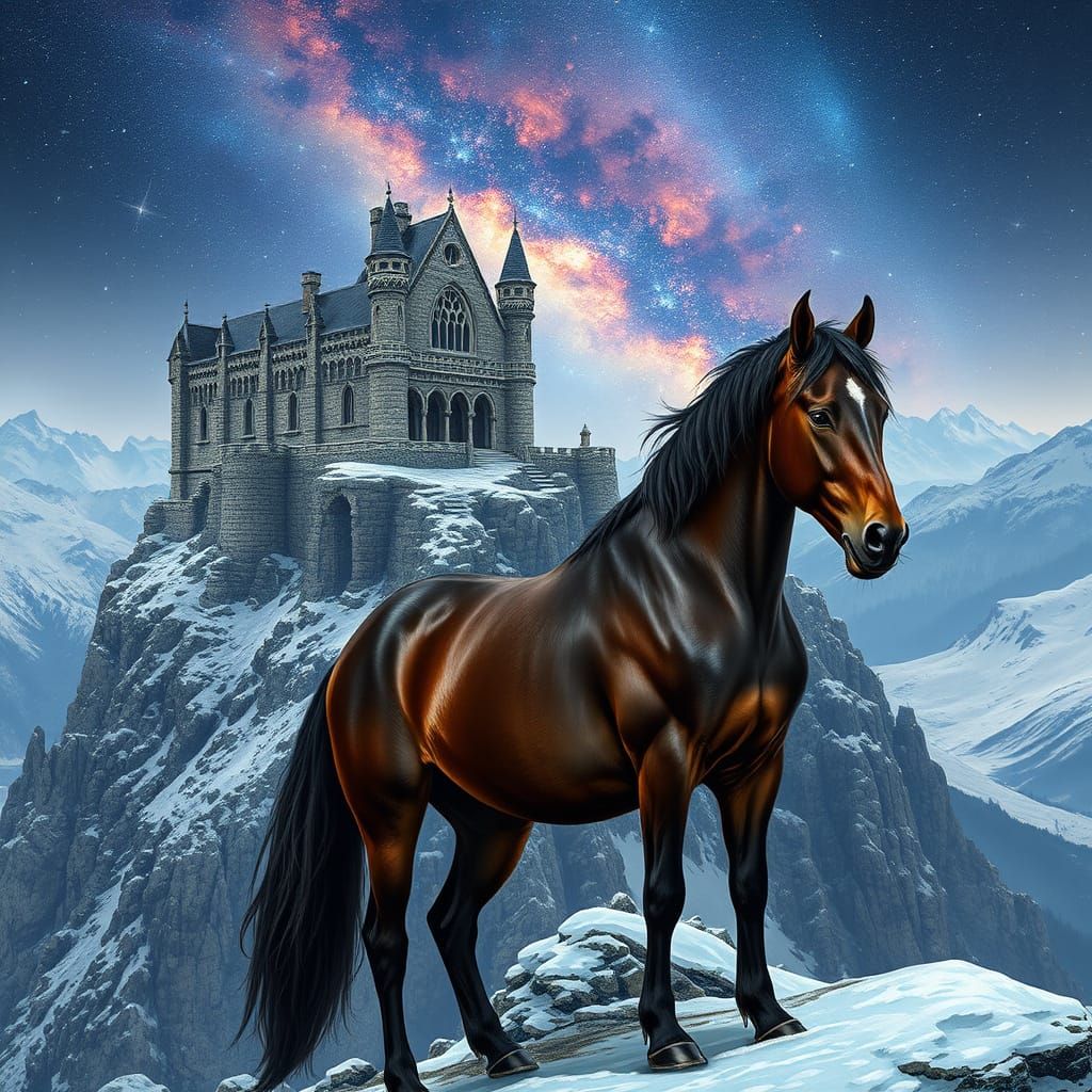 Majestic Castle Amidst Snowy Mountains and Nebula Sky