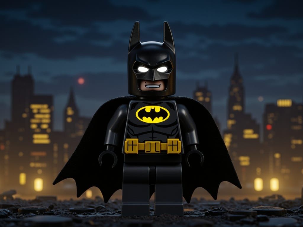 Lego Batman on Gotham Skyline in Comic Art Style