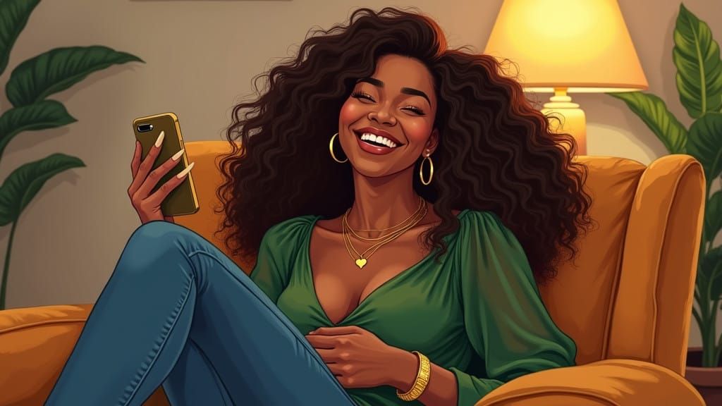 Joyful Woman in Cozy Setting, Impressionist Style