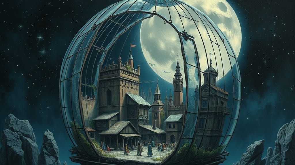 City in Crystal Birdcage Hanging From Moon
