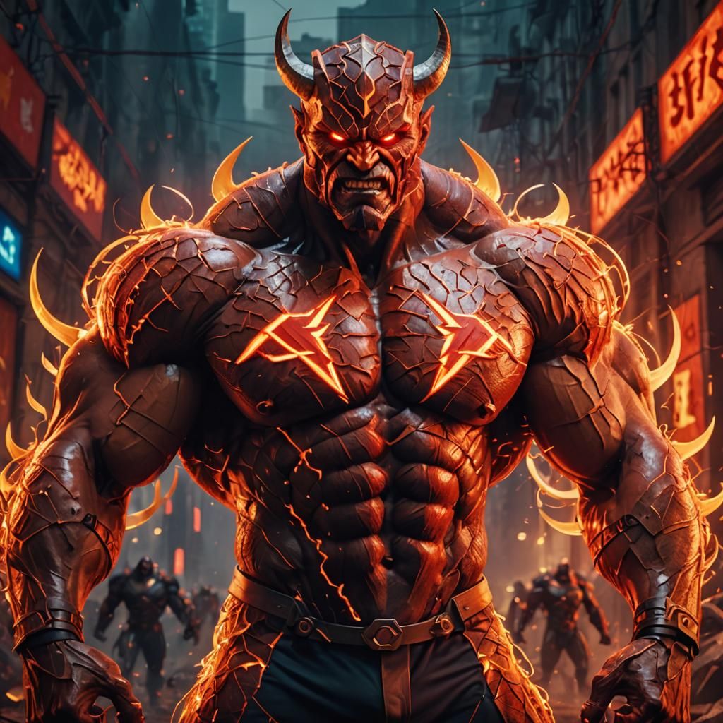 Muscular Demon Double Exposure Portrait in 3D