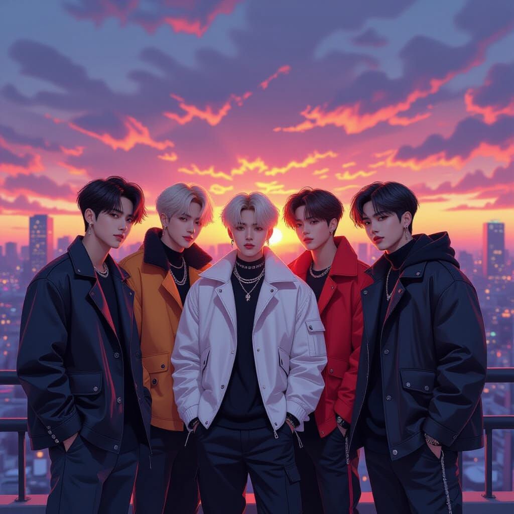 Stray Kids Kpop Band in Vibrant Cityscape at Sunset