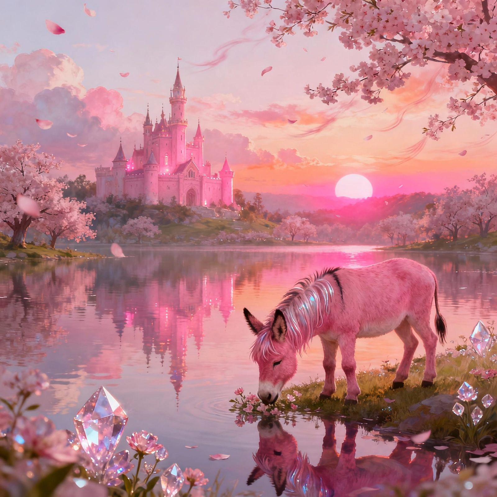 Dreamy Pink Castle Landscape with Whimsical Donkey