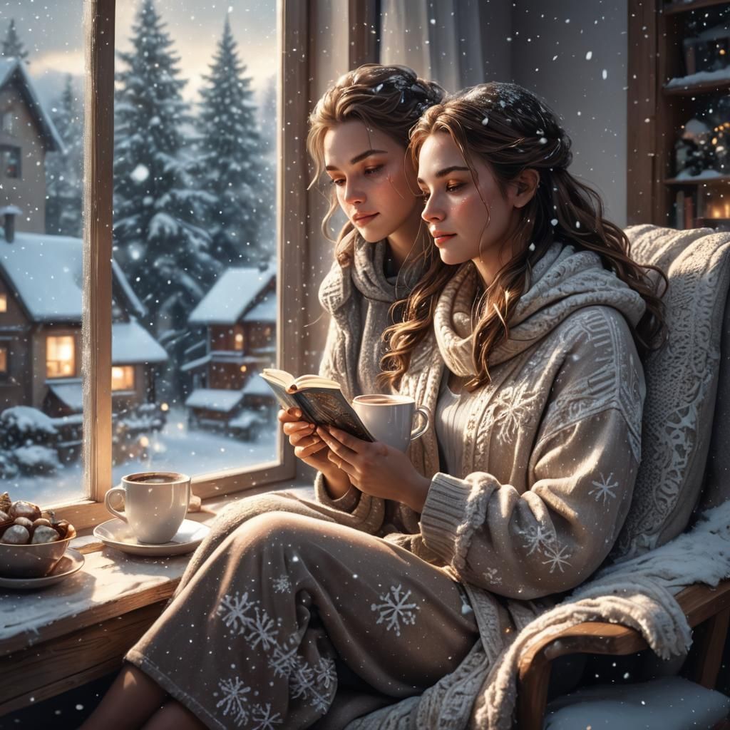 Cozy Woman Reading by Snowy Window: Fantasy Art