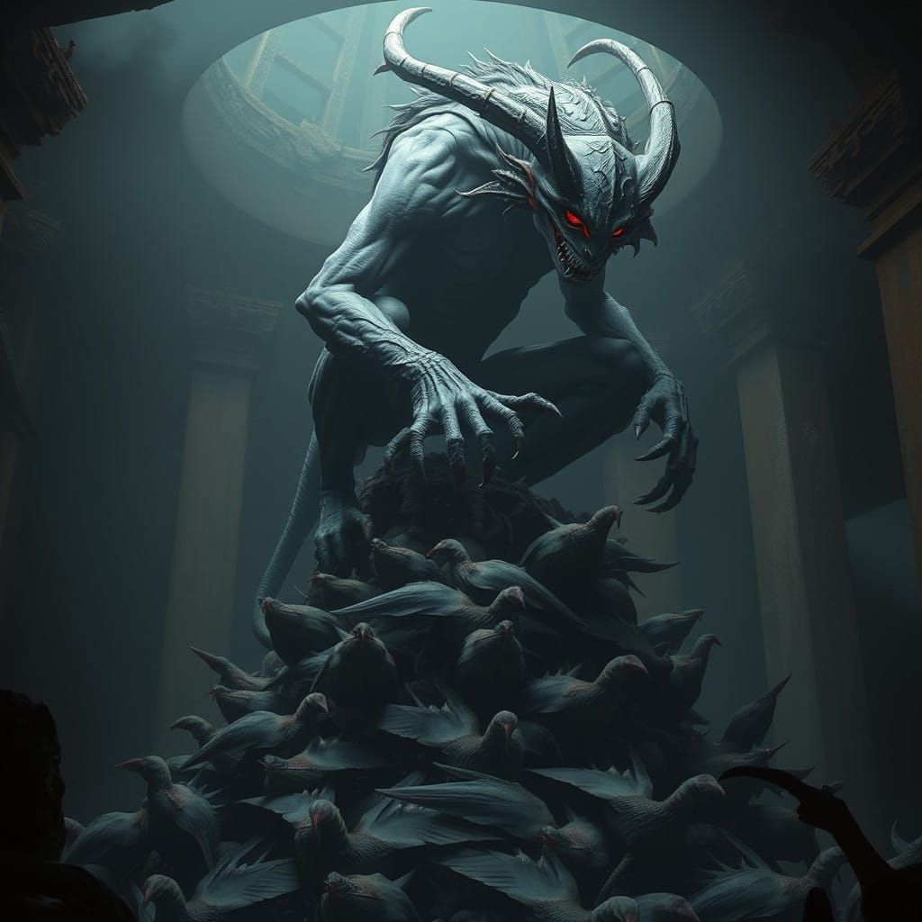 Surreal Demon Crouches Amidst Ancient Ruins in a Dark Fantas...